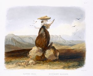 アッシニボインインディアンによって建てられた魔法の山、カールフォーゲル（1816-51）1843（アクアチント）によって刻まれた「北米の内部の旅」のボリューム1のプレート15 作： Karl Bodmer